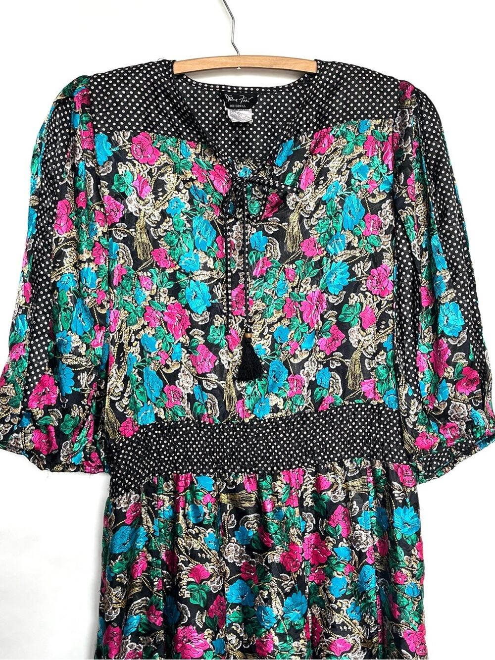 Vintage 80s Boho Colorful Bold Floral Maxi Dress XL Flowy Polka Dot Diane Freis